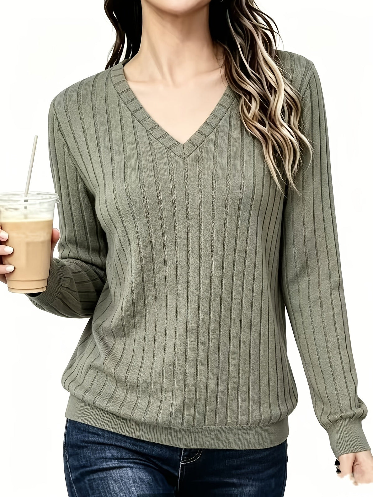 RIBBED V-NECK SWEATER FOR WOMEN