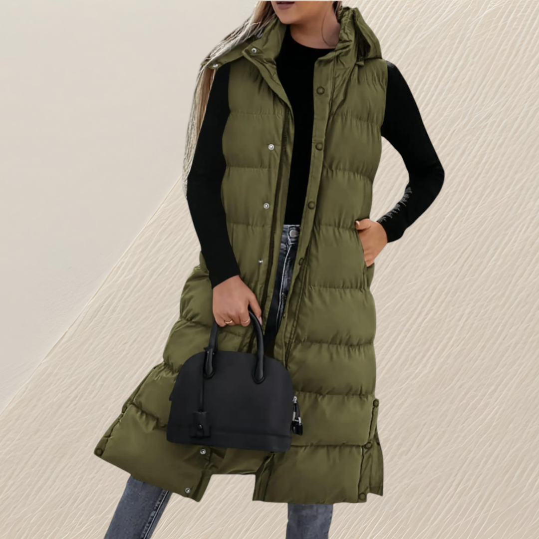 CHIC LONG QUILTED HOODED VEST FOR WOMEN