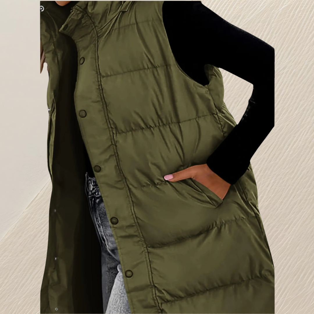 CHIC LONG QUILTED HOODED VEST FOR WOMEN