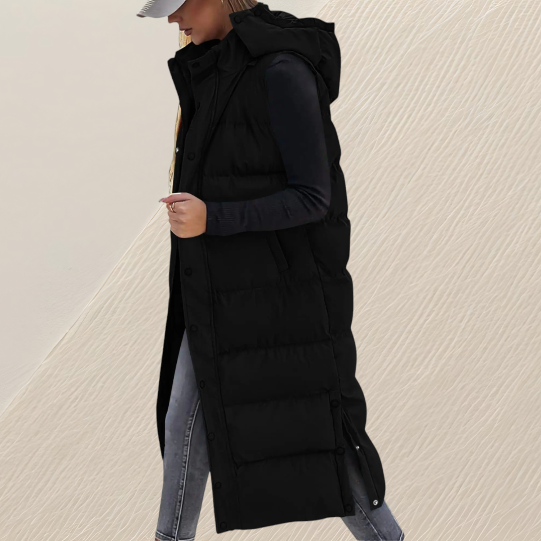 CHIC LONG QUILTED HOODED VEST FOR WOMEN