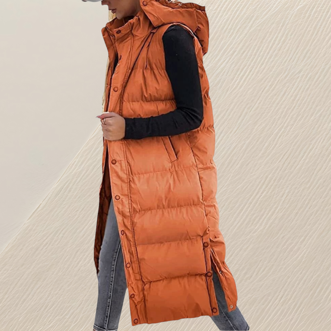 CHIC LONG QUILTED HOODED VEST FOR WOMEN