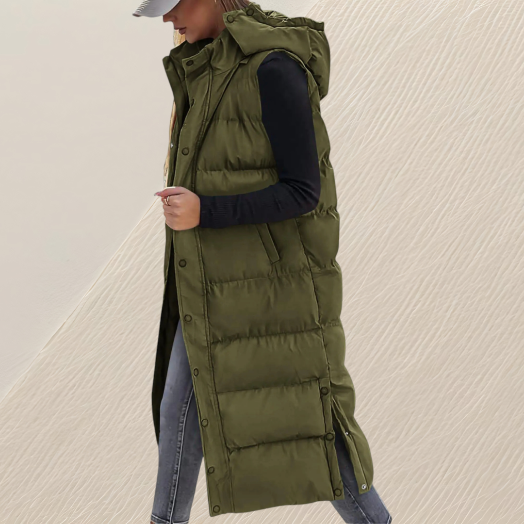 CHIC LONG QUILTED HOODED VEST FOR WOMEN