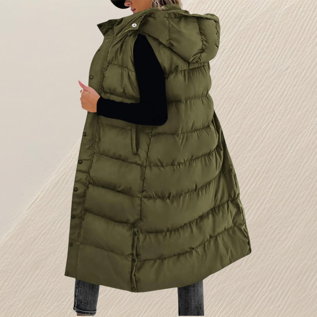 CHIC LONG QUILTED HOODED VEST FOR WOMEN