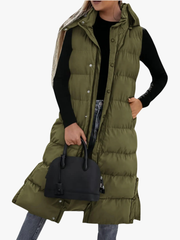CHIC LONG QUILTED HOODED VEST FOR WOMEN