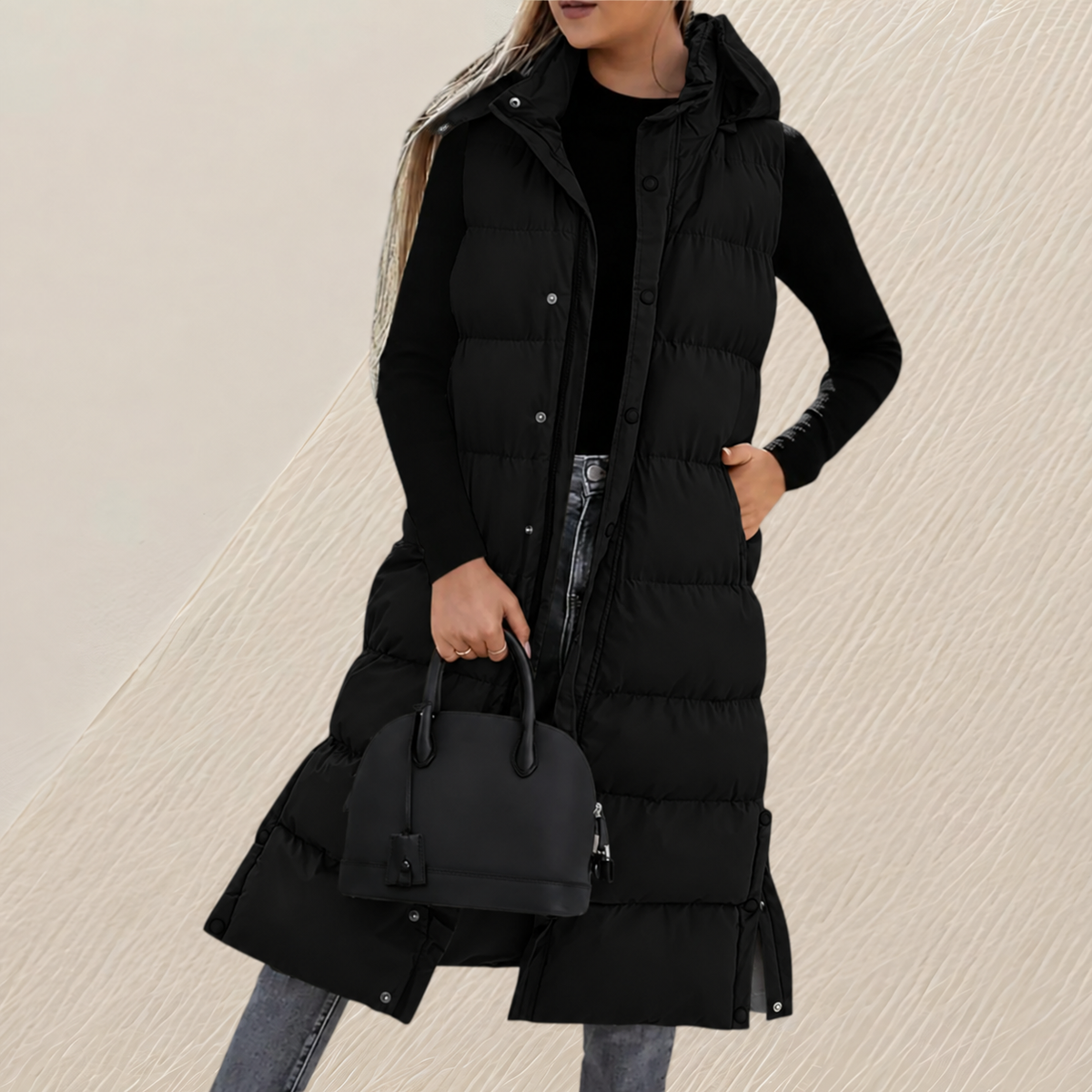 CHIC LONG QUILTED HOODED VEST FOR WOMEN