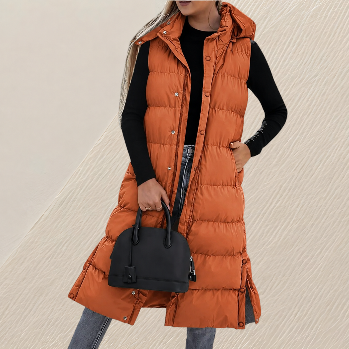 CHIC LONG QUILTED HOODED VEST FOR WOMEN