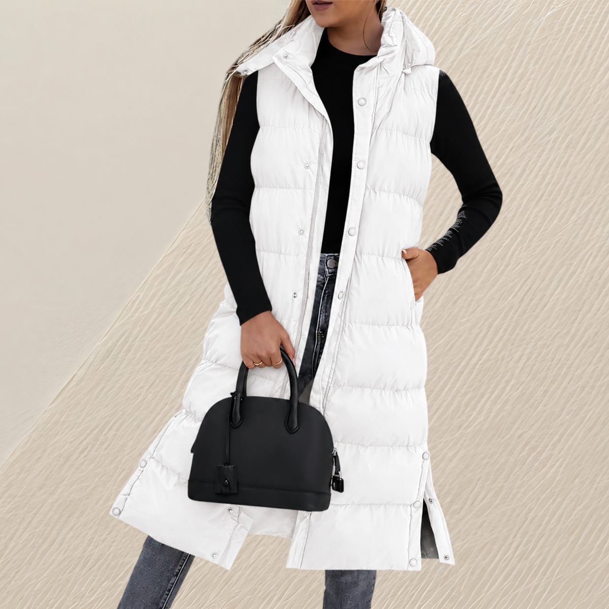 CHIC LONG QUILTED HOODED VEST FOR WOMEN