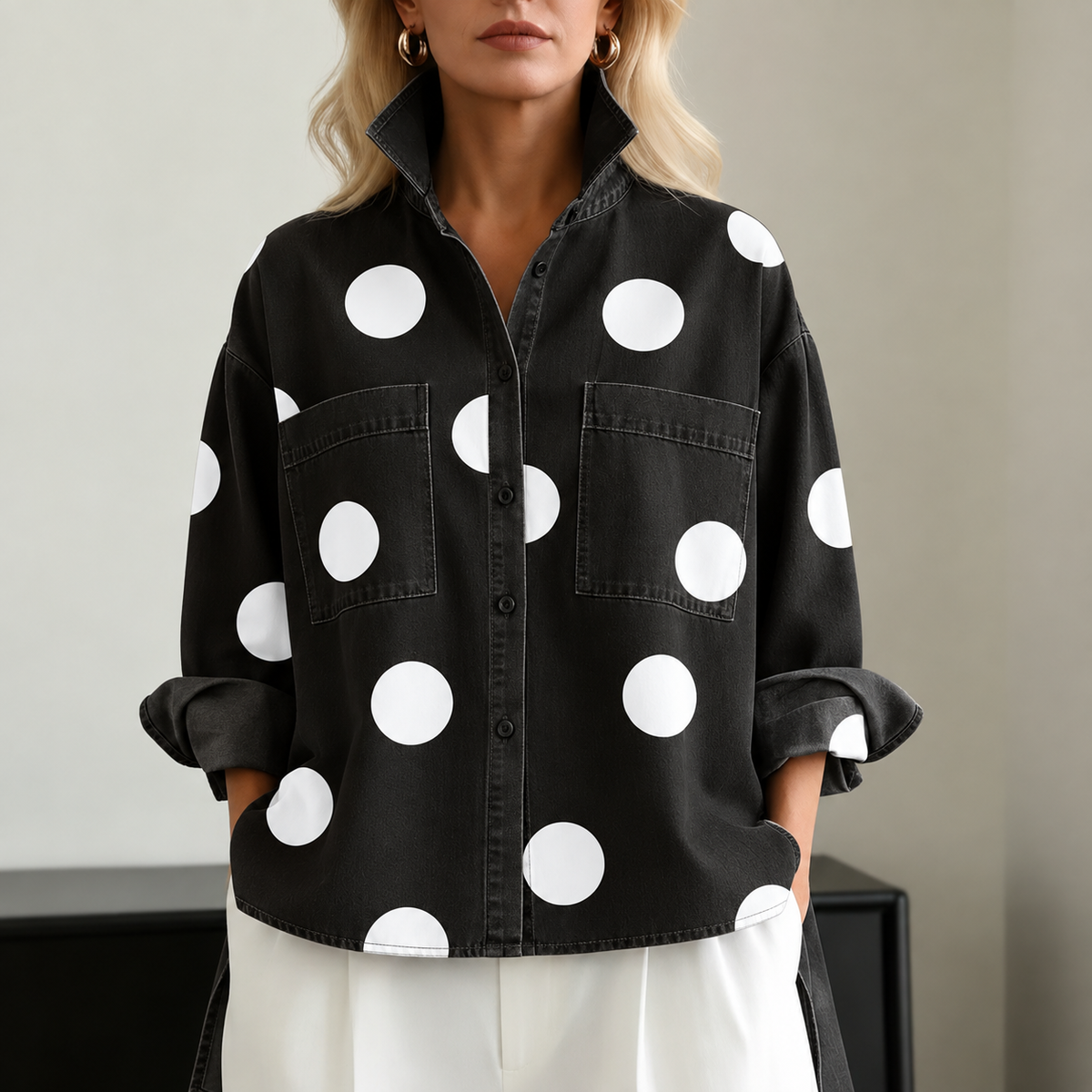 ASYMMETRIC POLKA DOT OVERSHIRT FOR WOMEN