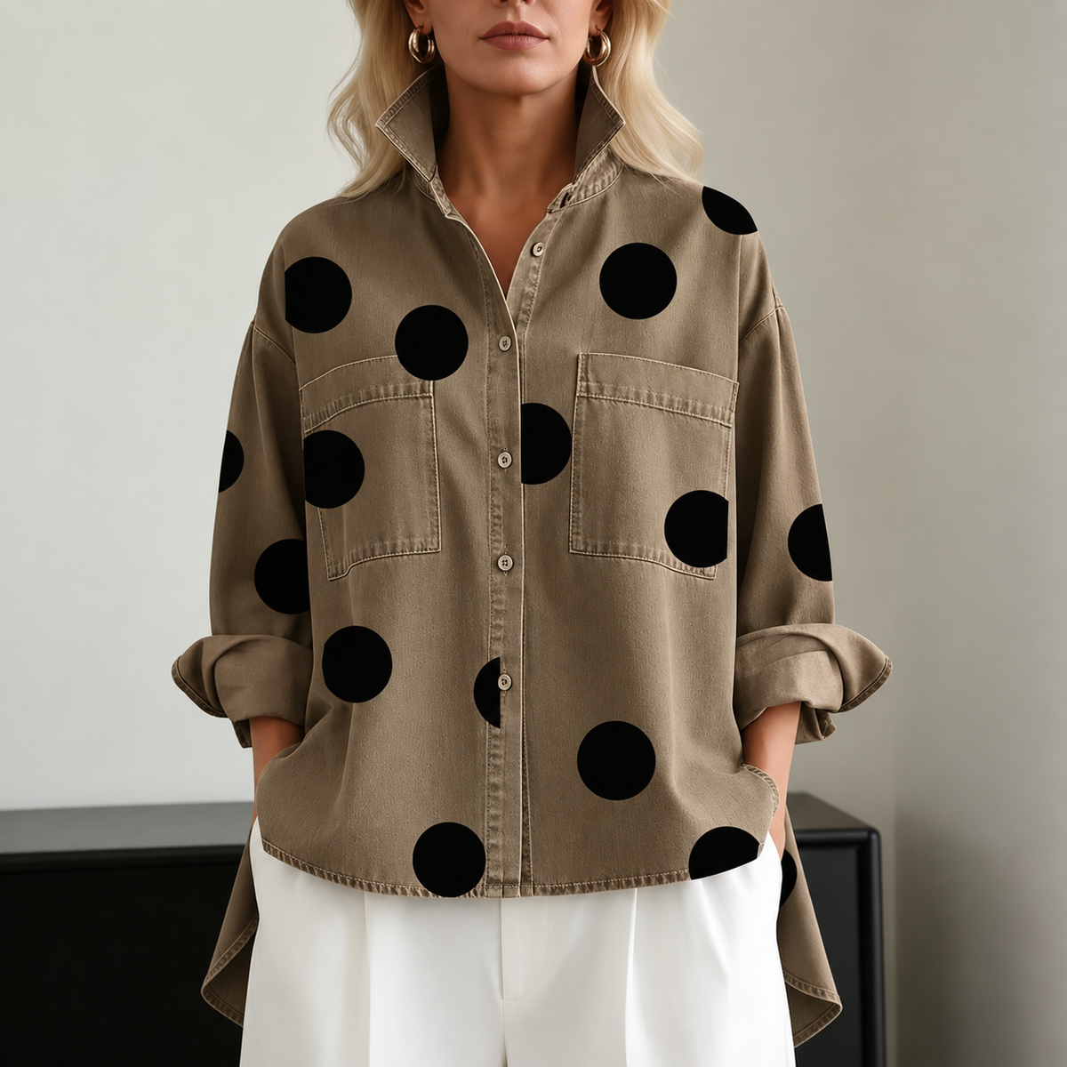 ASYMMETRIC POLKA DOT OVERSHIRT FOR WOMEN