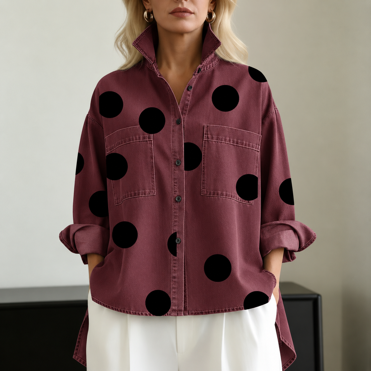 ASYMMETRIC POLKA DOT OVERSHIRT FOR WOMEN