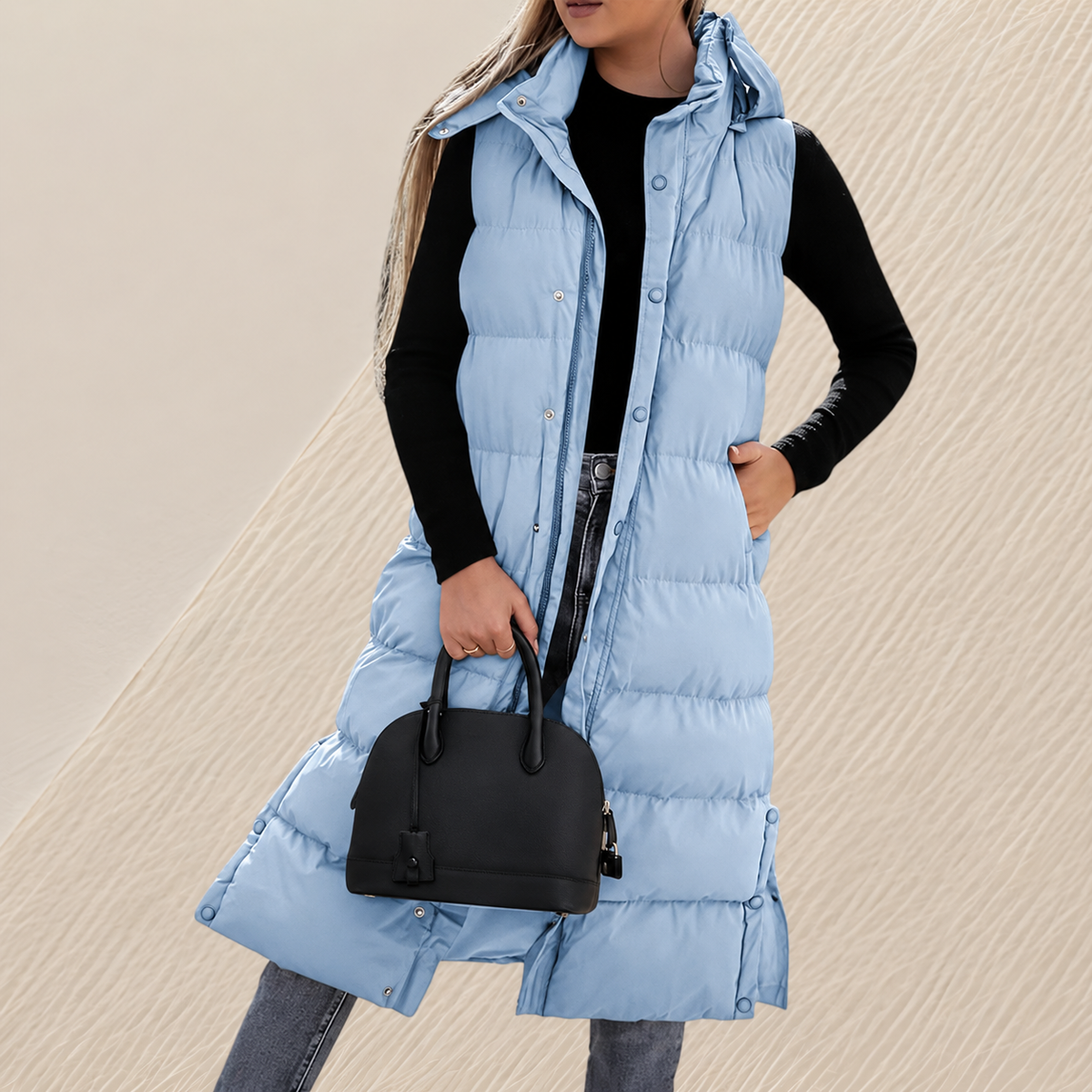 CHIC LONG QUILTED HOODED VEST FOR WOMEN