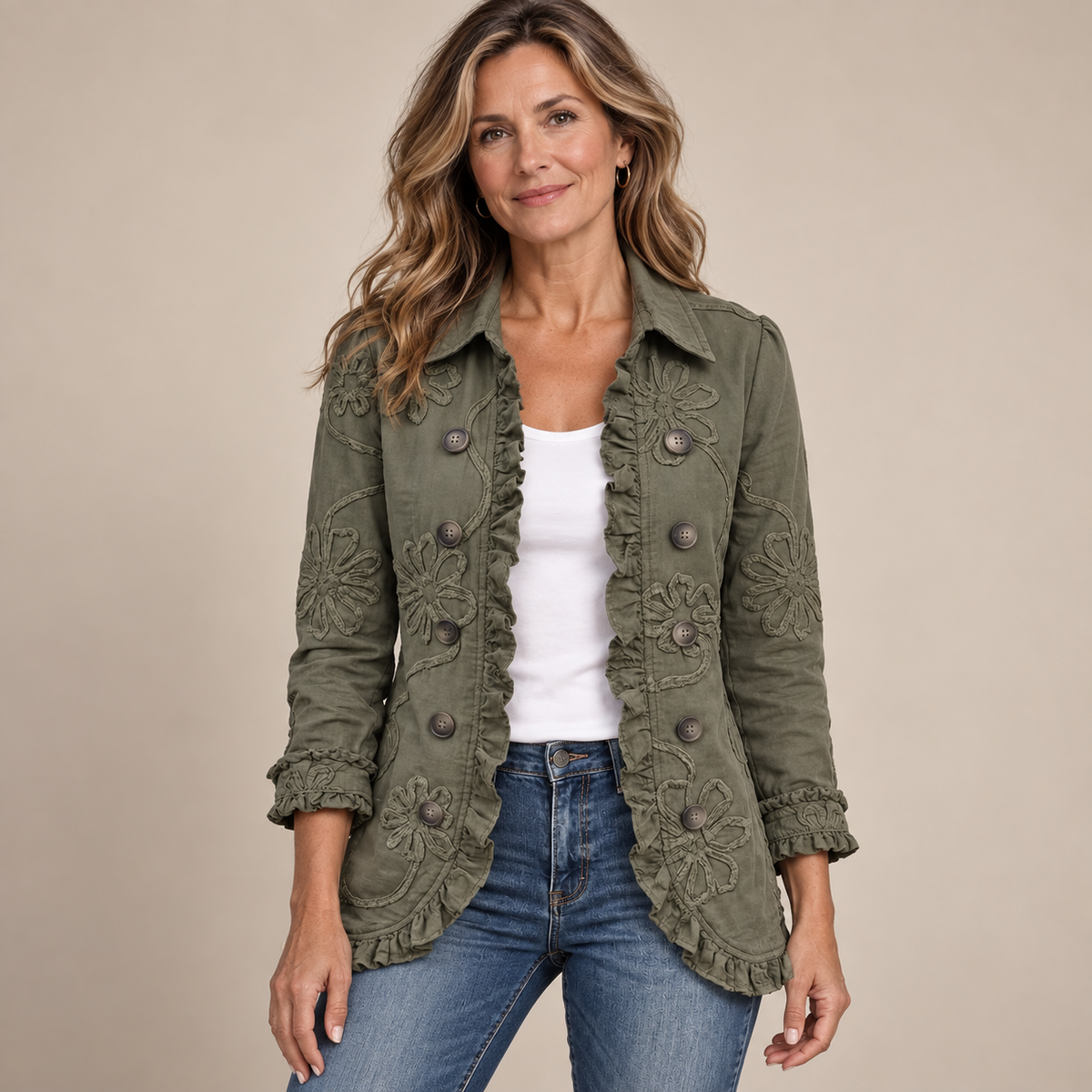 FLORAL EMBROIDERED RUFFLE JACKET FOR WOMEN