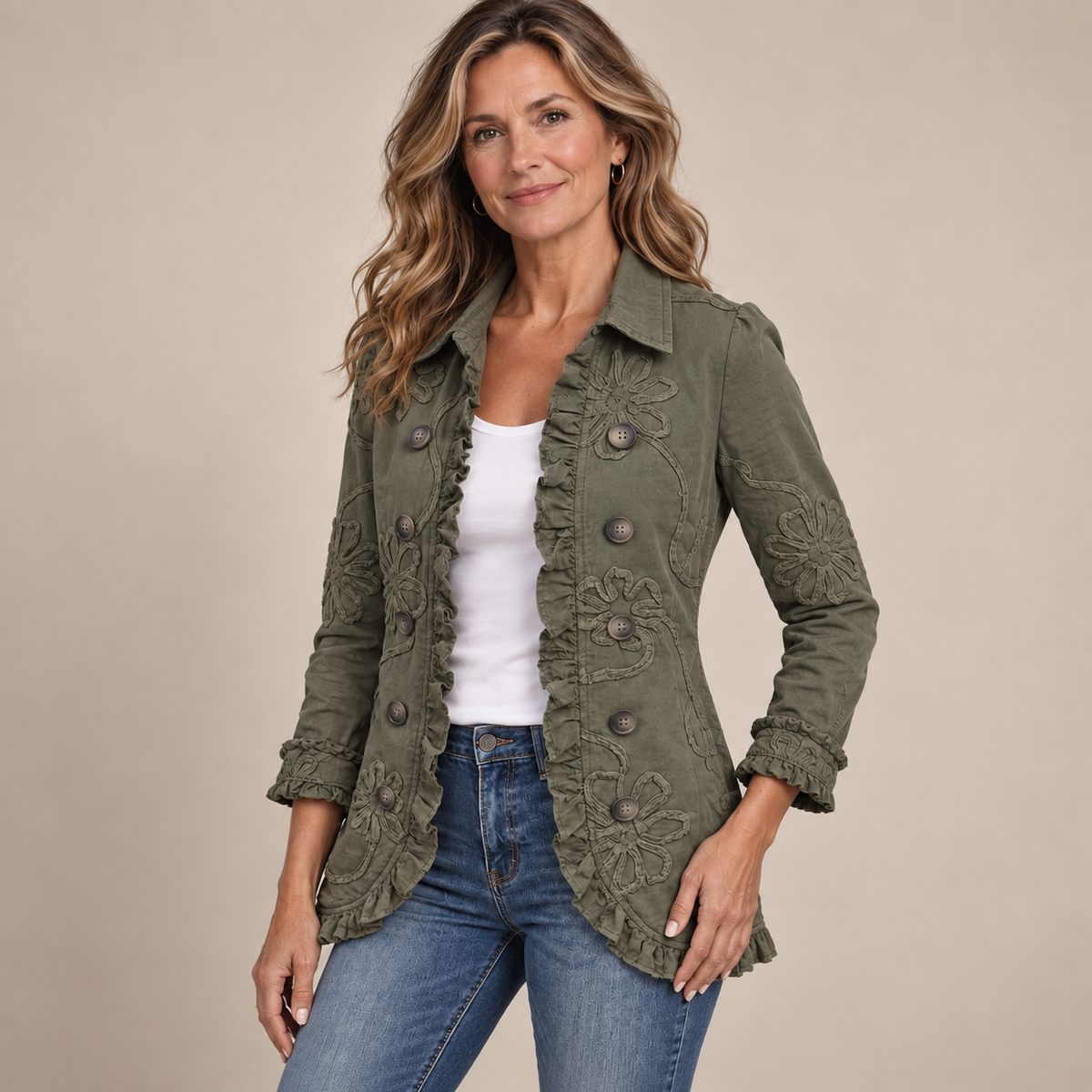 FLORAL EMBROIDERED RUFFLE JACKET FOR WOMEN