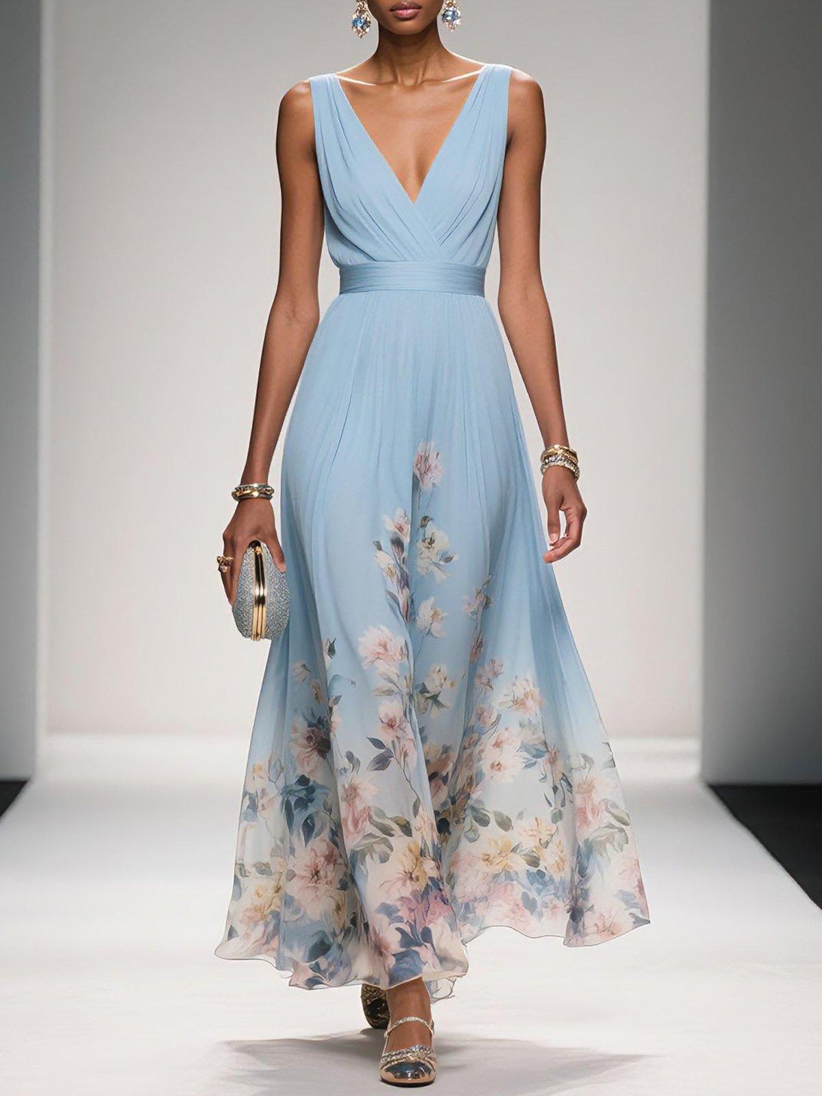 FLORAL V NECK MIDI DRESS FOR WOMEN