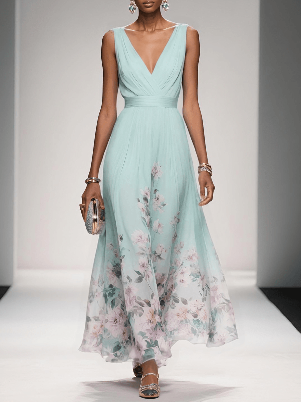 FLORAL V NECK MIDI DRESS FOR WOMEN
