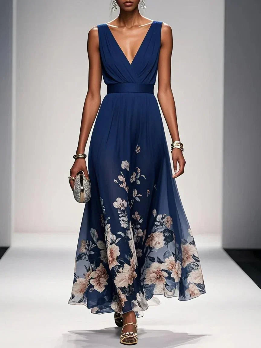 FLORAL V NECK MIDI DRESS FOR WOMEN