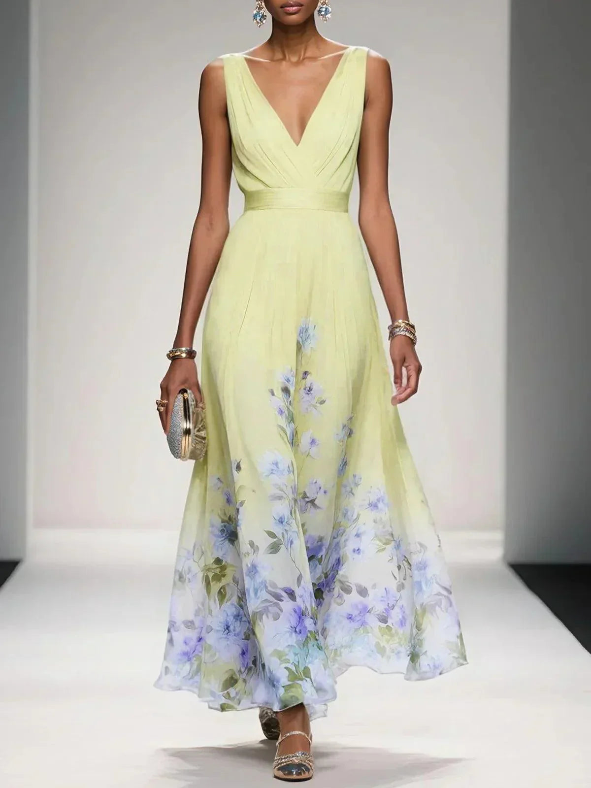 FLORAL V NECK MIDI DRESS FOR WOMEN