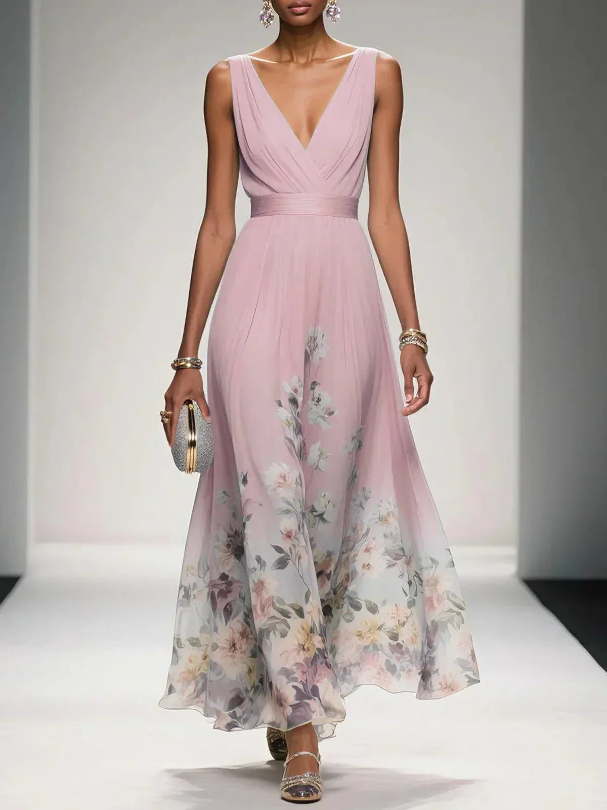 FLORAL V NECK MIDI DRESS FOR WOMEN