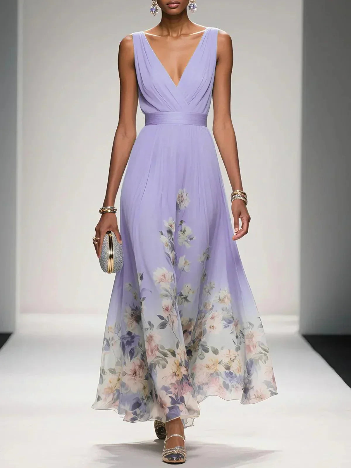 FLORAL V NECK MIDI DRESS FOR WOMEN