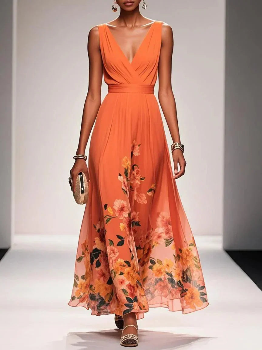 FLORAL V NECK MIDI DRESS FOR WOMEN