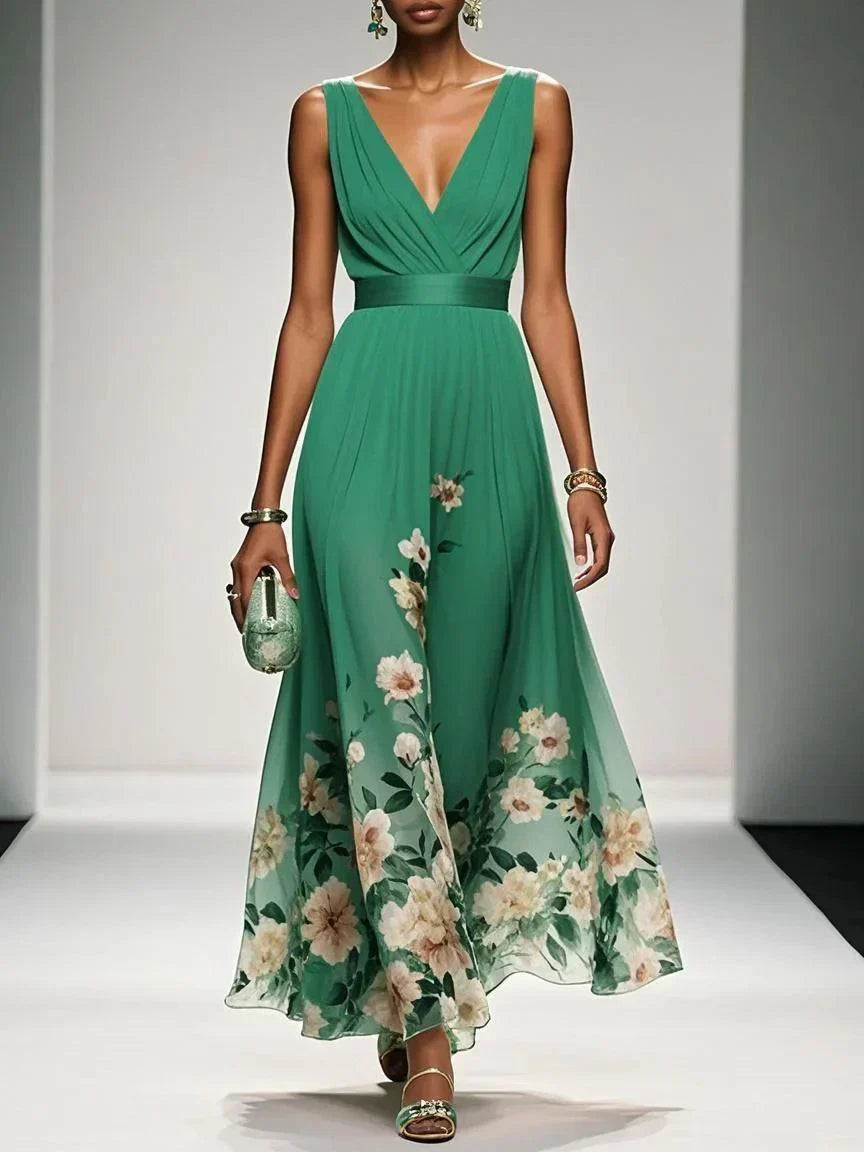 FLORAL V NECK MIDI DRESS FOR WOMEN