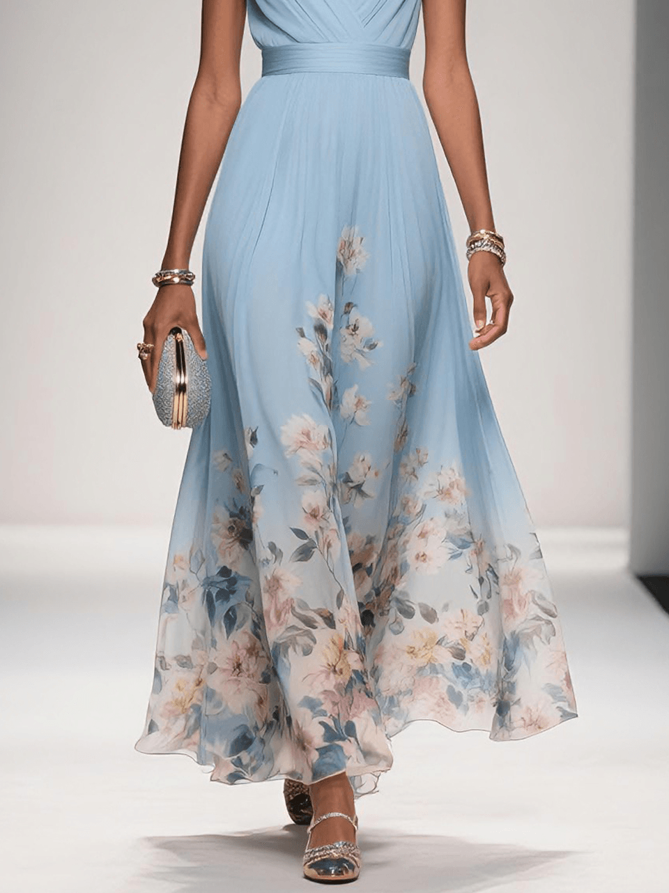 FLORAL V NECK MIDI DRESS FOR WOMEN