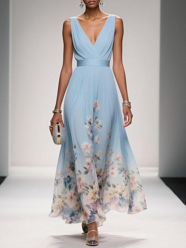 FLORAL V NECK MIDI DRESS FOR WOMEN