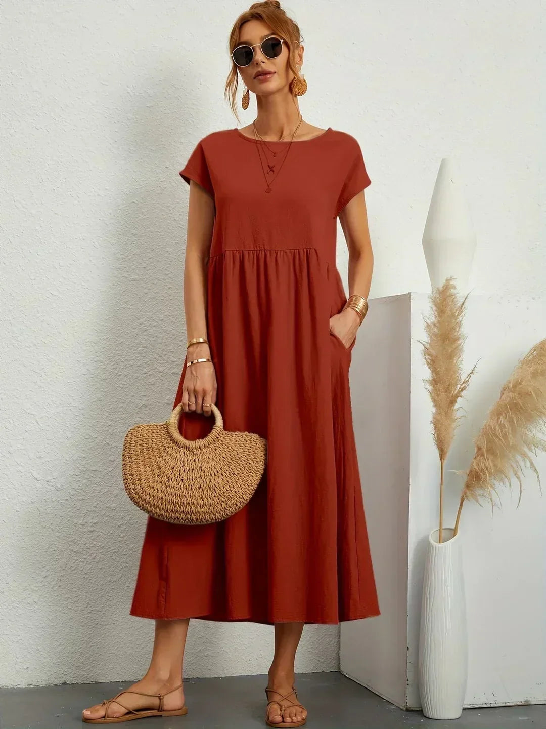RUCHED WAIST MIDI DRESS FOR WOMEN