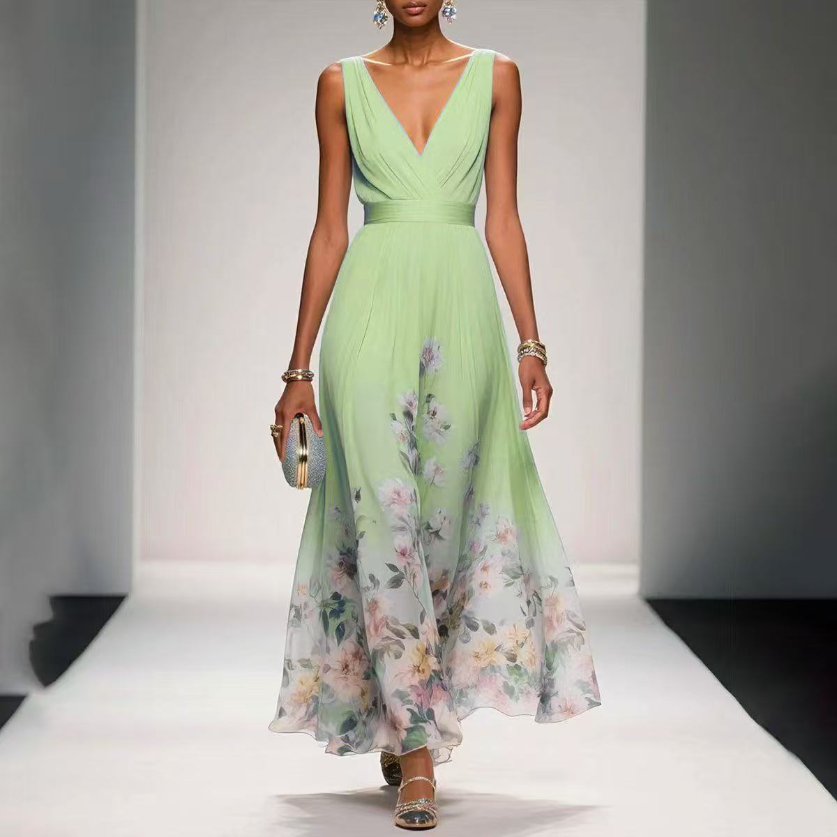FLORAL V NECK MIDI DRESS FOR WOMEN