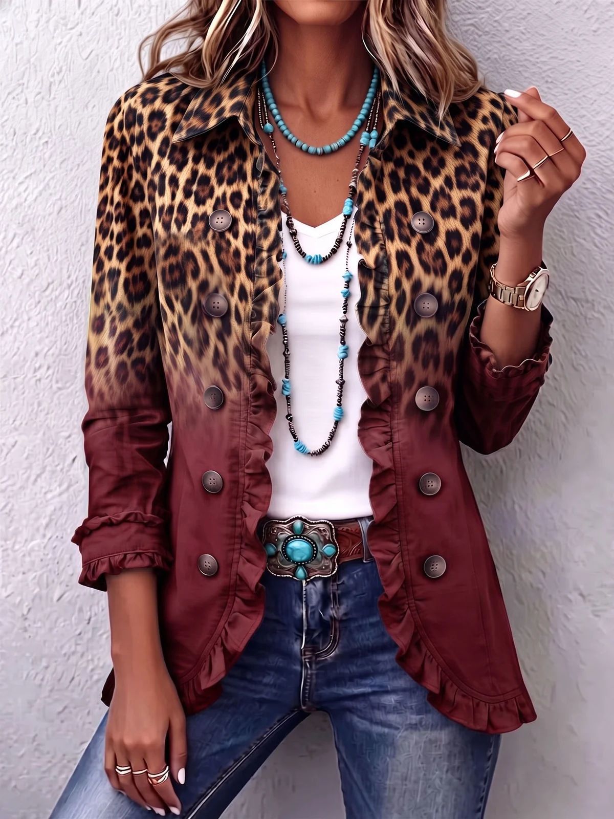 LEOPARD PRINT RUFFLE JACKET FOR WOMEN
