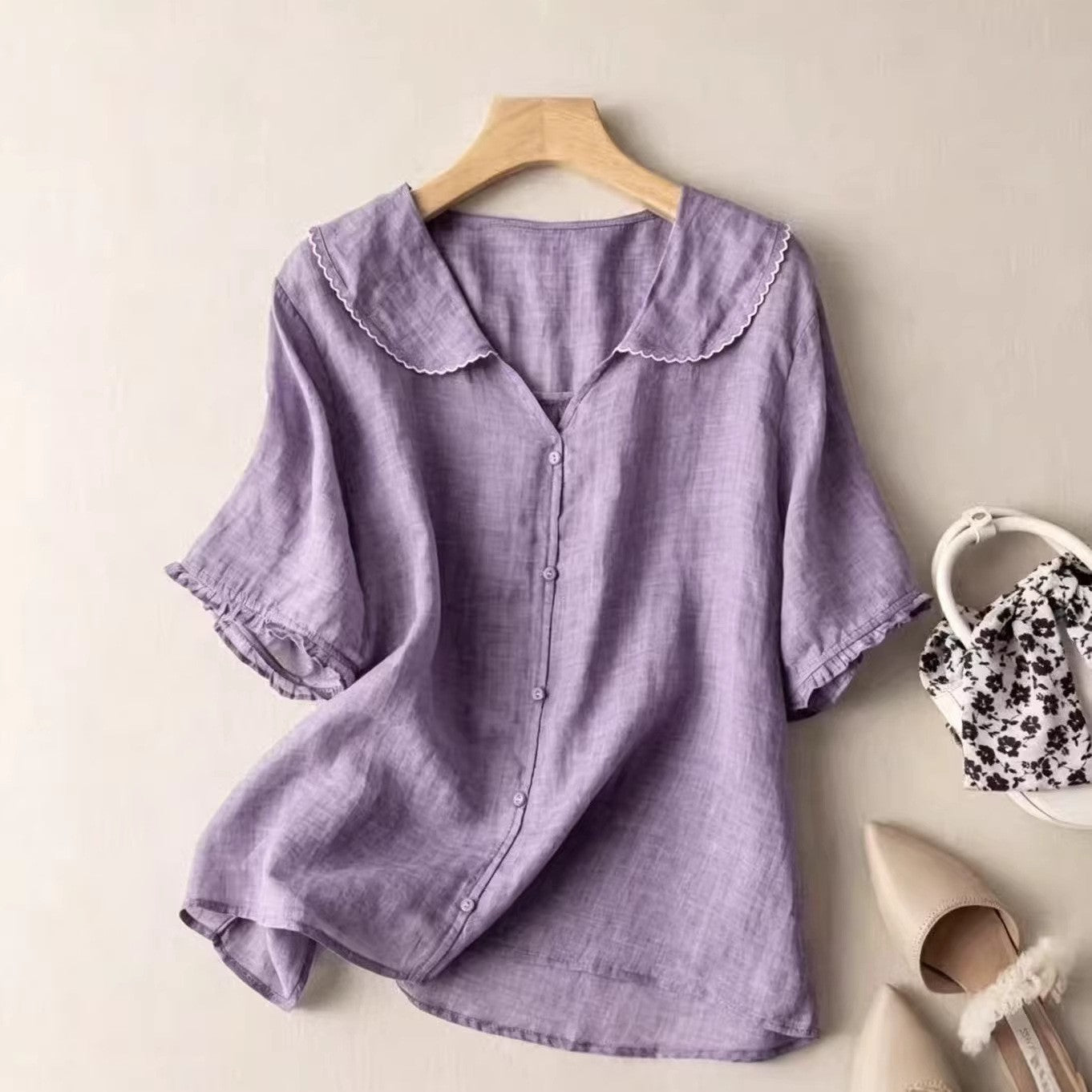 SCALLOPED LINEN BLOUSE FOR WOMEN