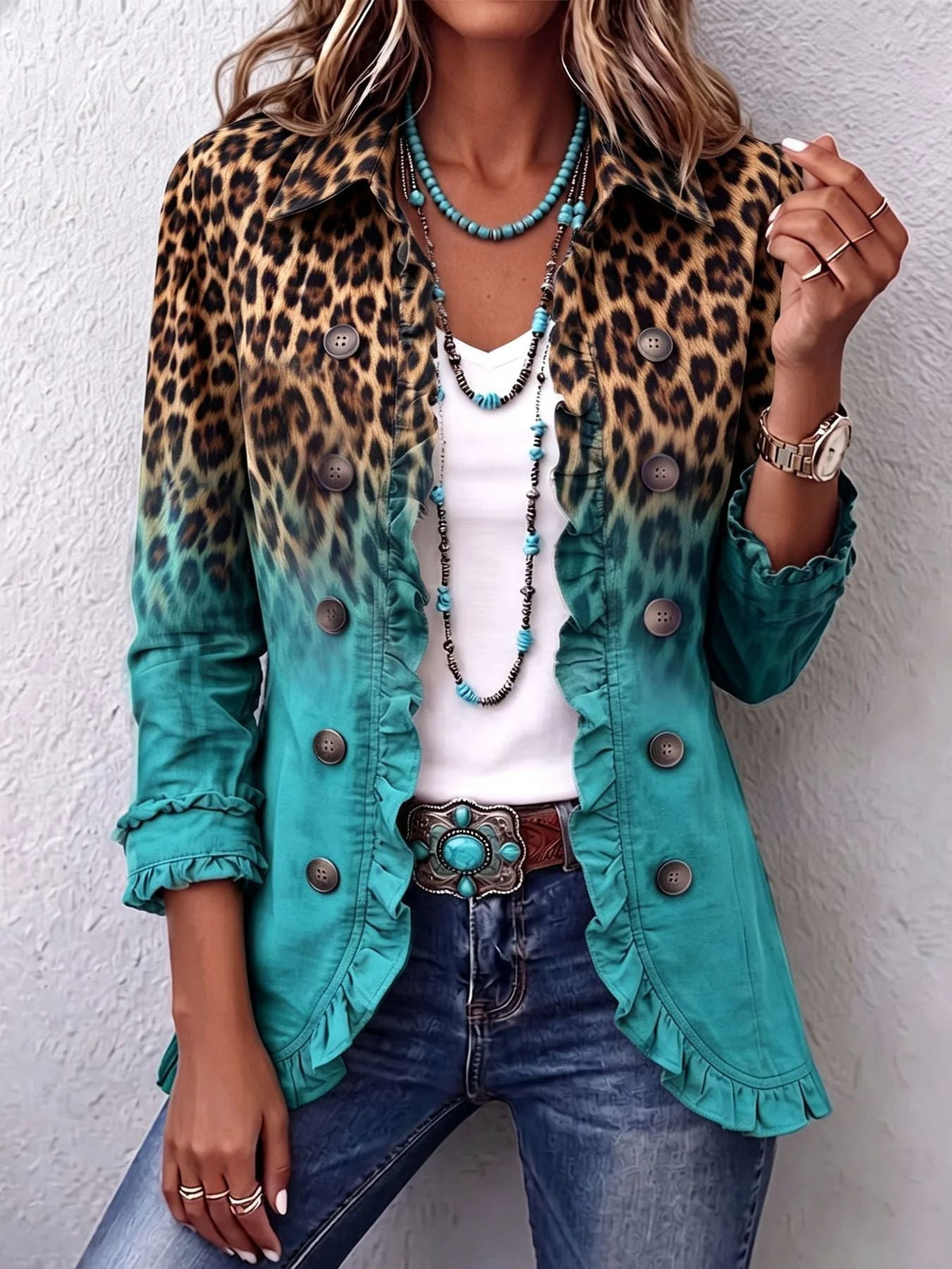 LEOPARD PRINT RUFFLE JACKET FOR WOMEN