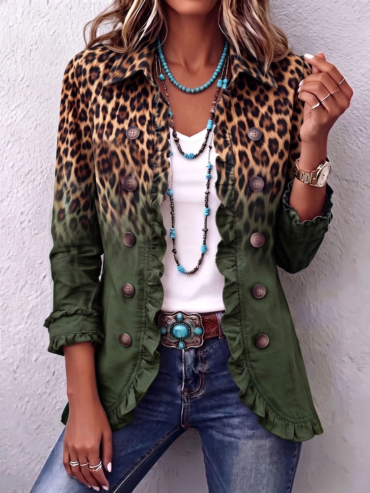 LEOPARD PRINT RUFFLE JACKET FOR WOMEN