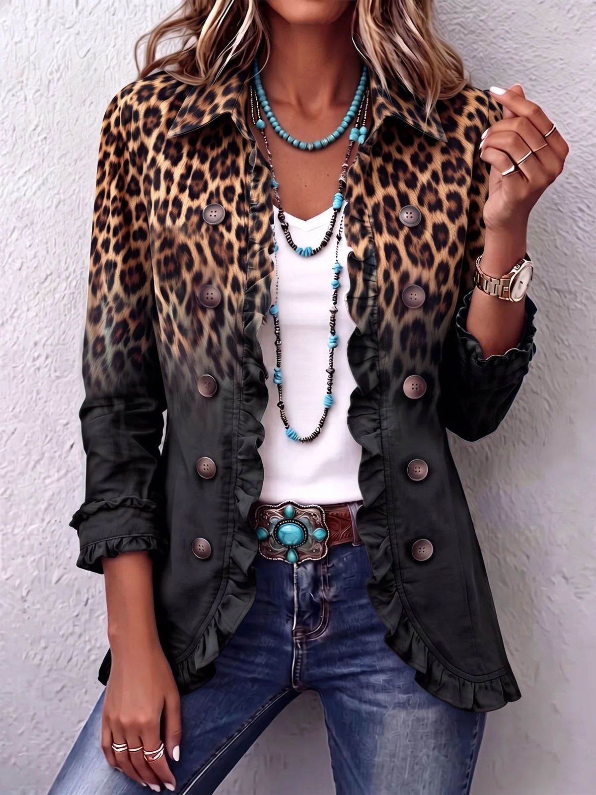 LEOPARD PRINT RUFFLE JACKET FOR WOMEN