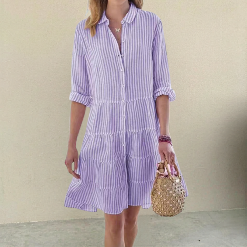 A-LINE STRIPED BUTTON DRESS FOR WOMEN