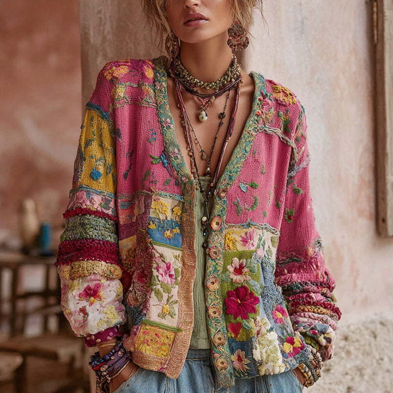 EMBROIDERED PATCHWORK CARDIGAN FOR WOMEN