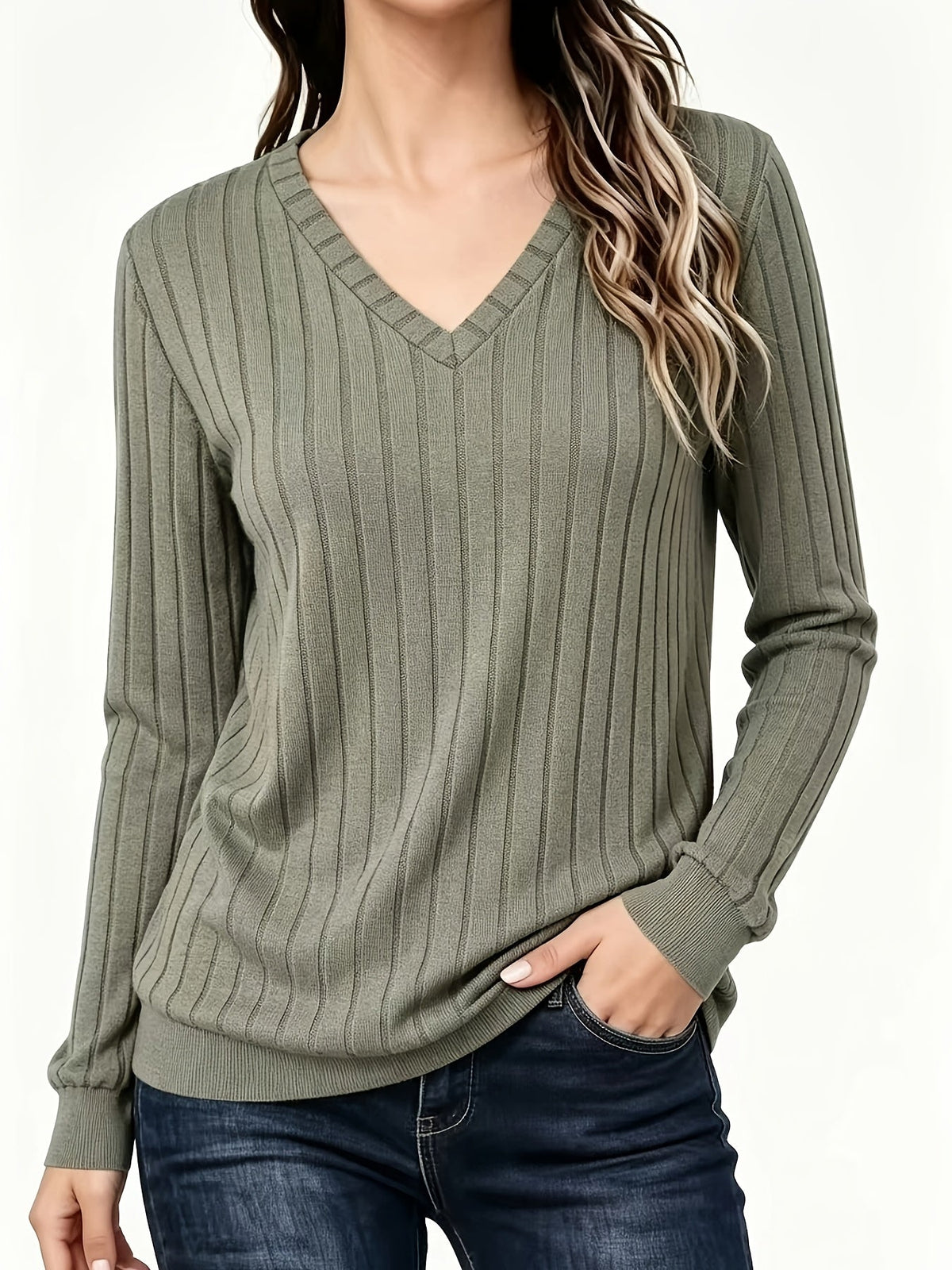 RIBBED V-NECK SWEATER FOR WOMEN