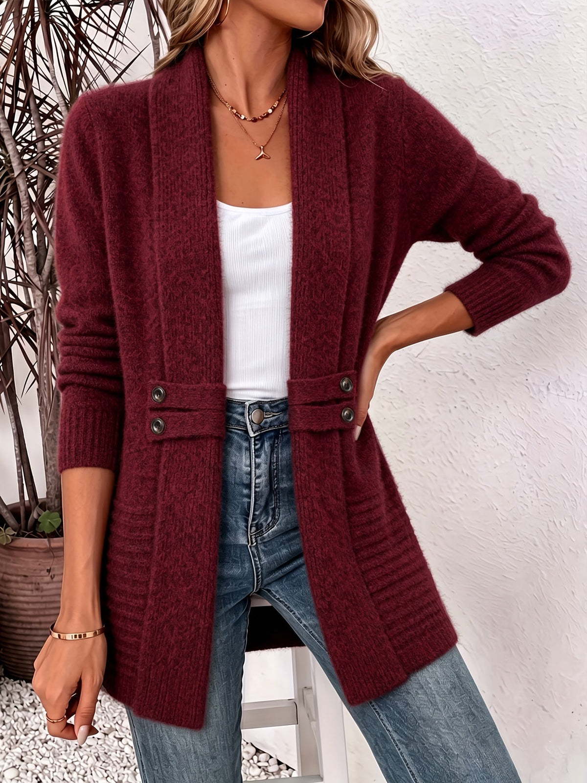 DEFINED-WAIST BUTTON CARDIGAN FOR WOMEN