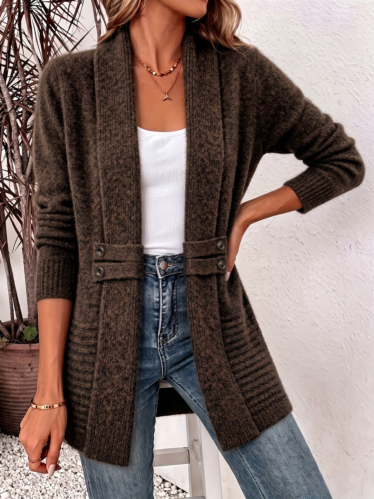 DEFINED-WAIST BUTTON CARDIGAN FOR WOMEN