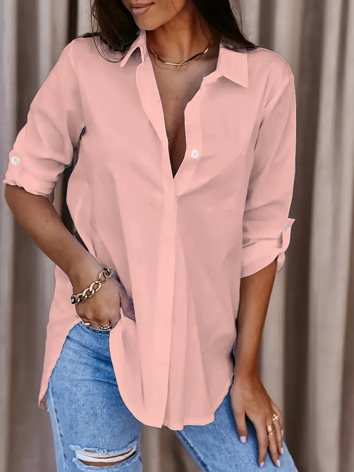 V-NECK BUTTON BLOUSE FOR WOMEN