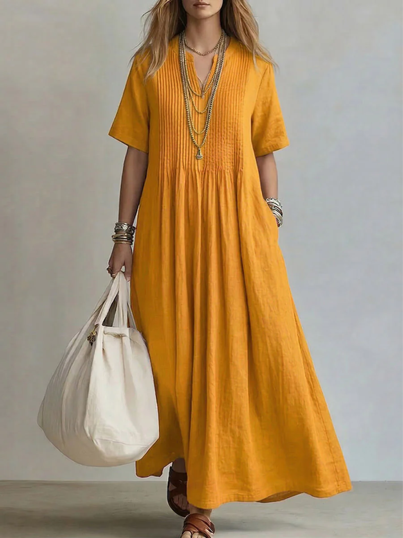 PLEATED LINEN BLEND DRESS FOR WOMEN