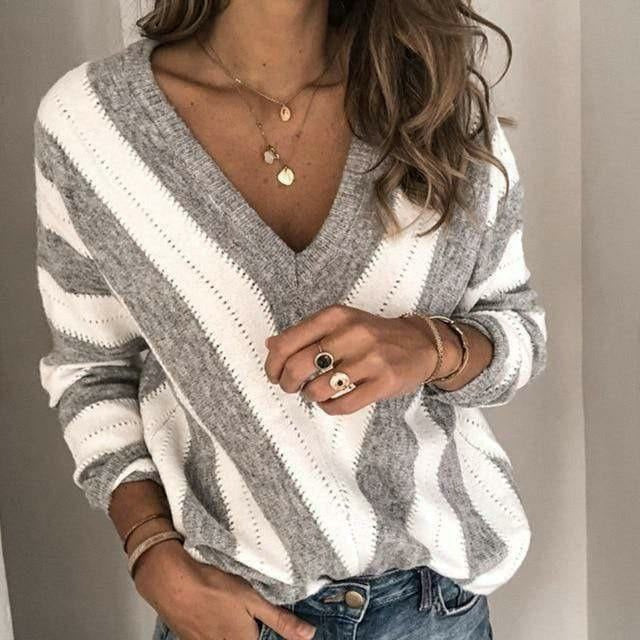 STRIPED V-NECK SWEATER FOR WOMEN