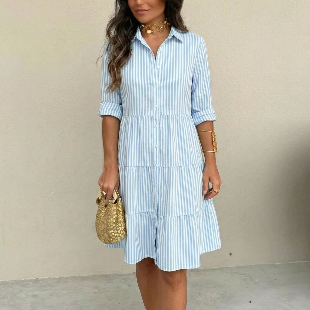 A-LINE STRIPED BUTTON DRESS FOR WOMEN