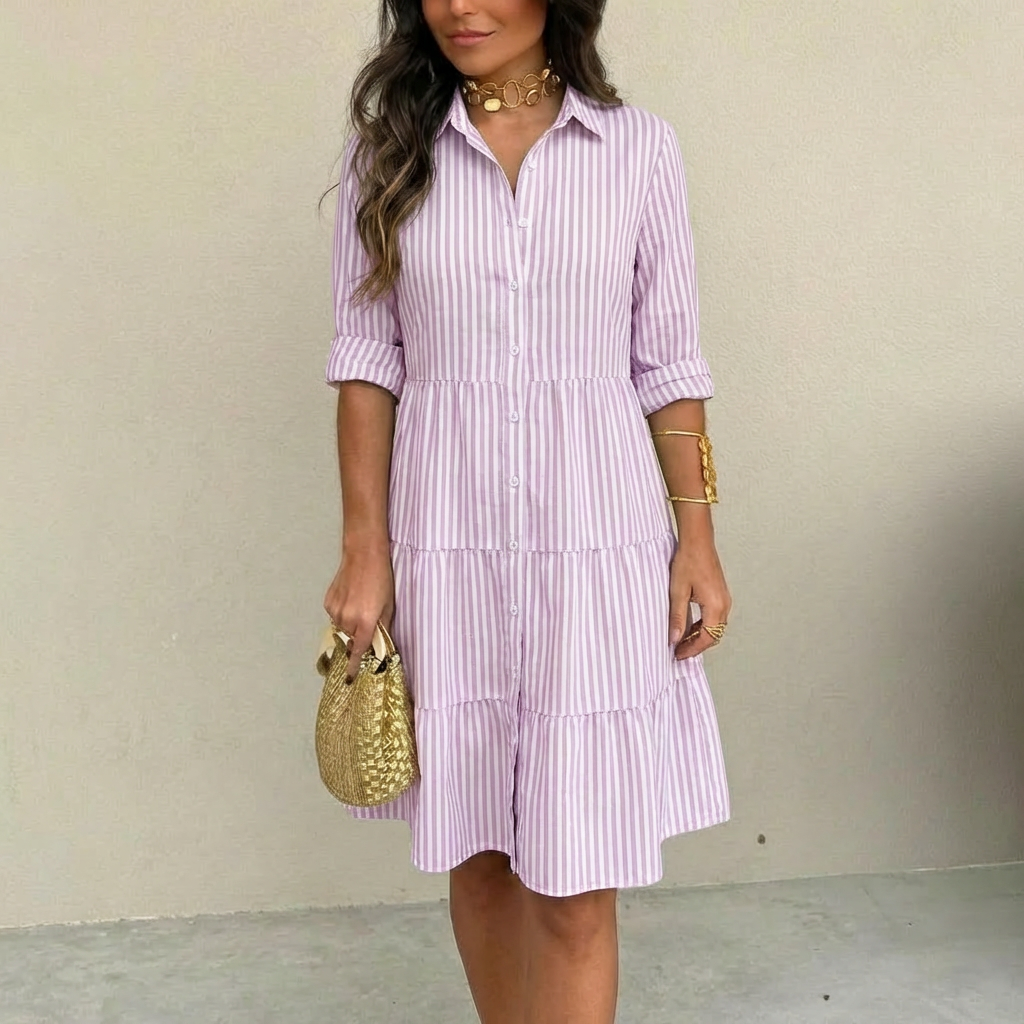 A-LINE STRIPED BUTTON DRESS FOR WOMEN