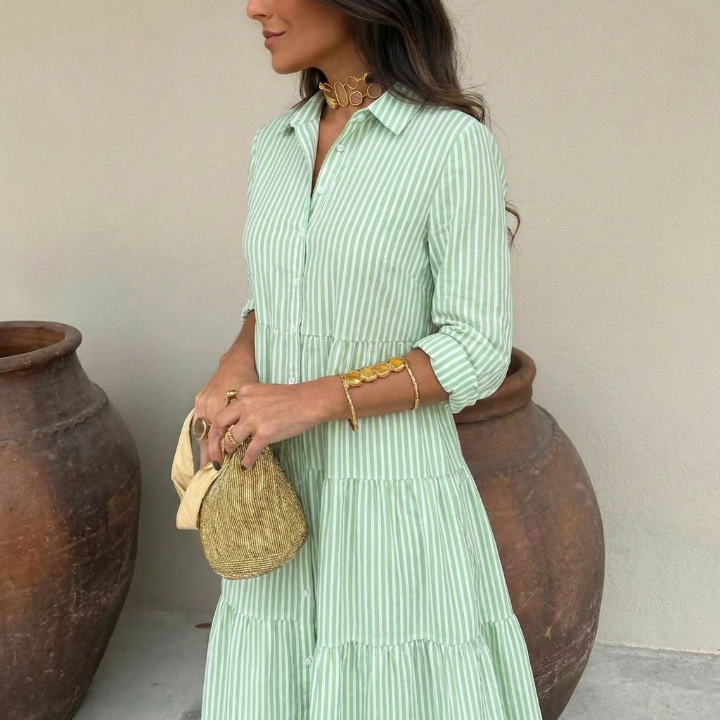 A-LINE STRIPED BUTTON DRESS FOR WOMEN