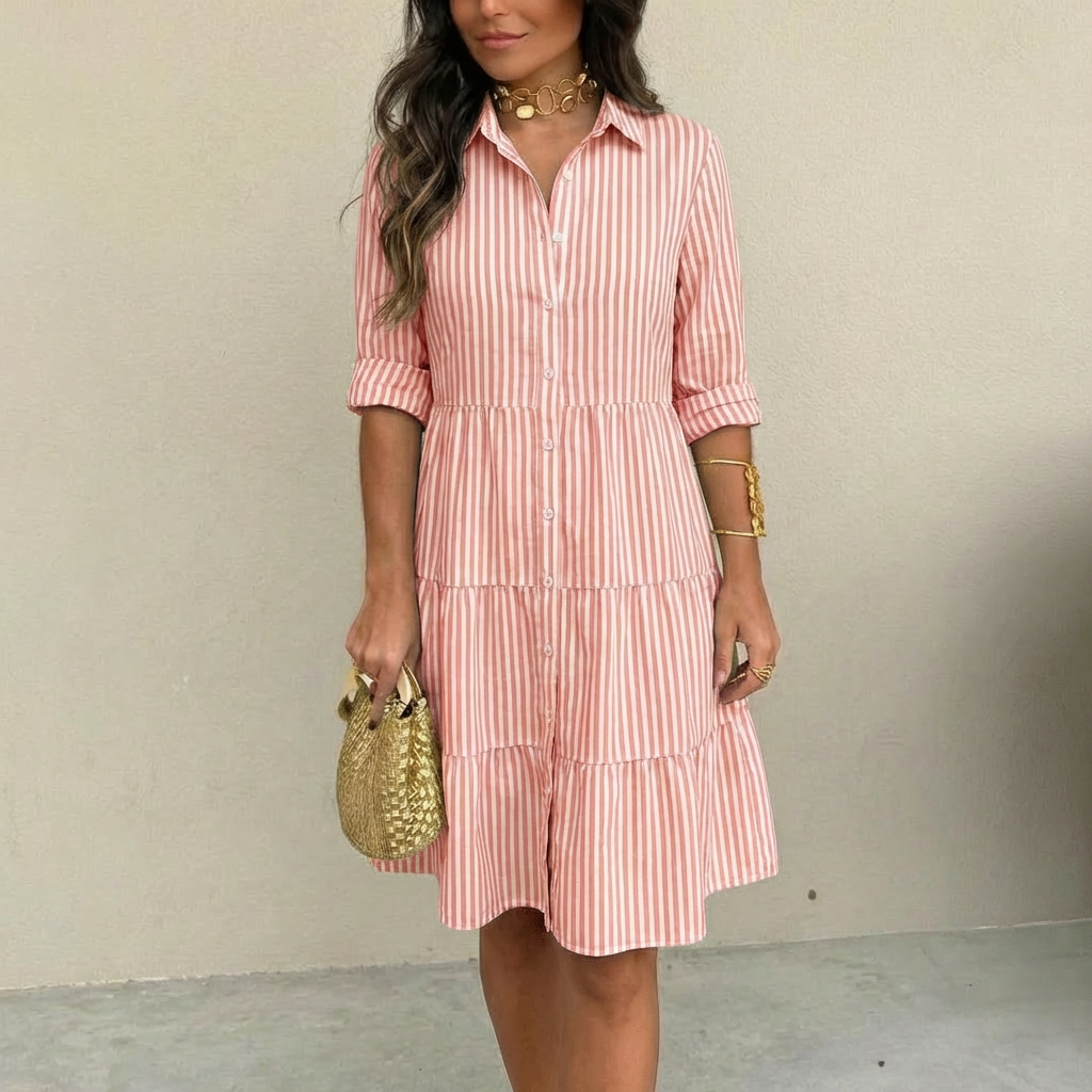 A-LINE STRIPED BUTTON DRESS FOR WOMEN