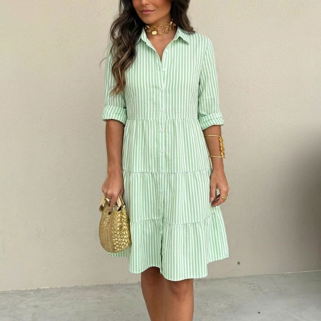 A-LINE STRIPED BUTTON DRESS FOR WOMEN