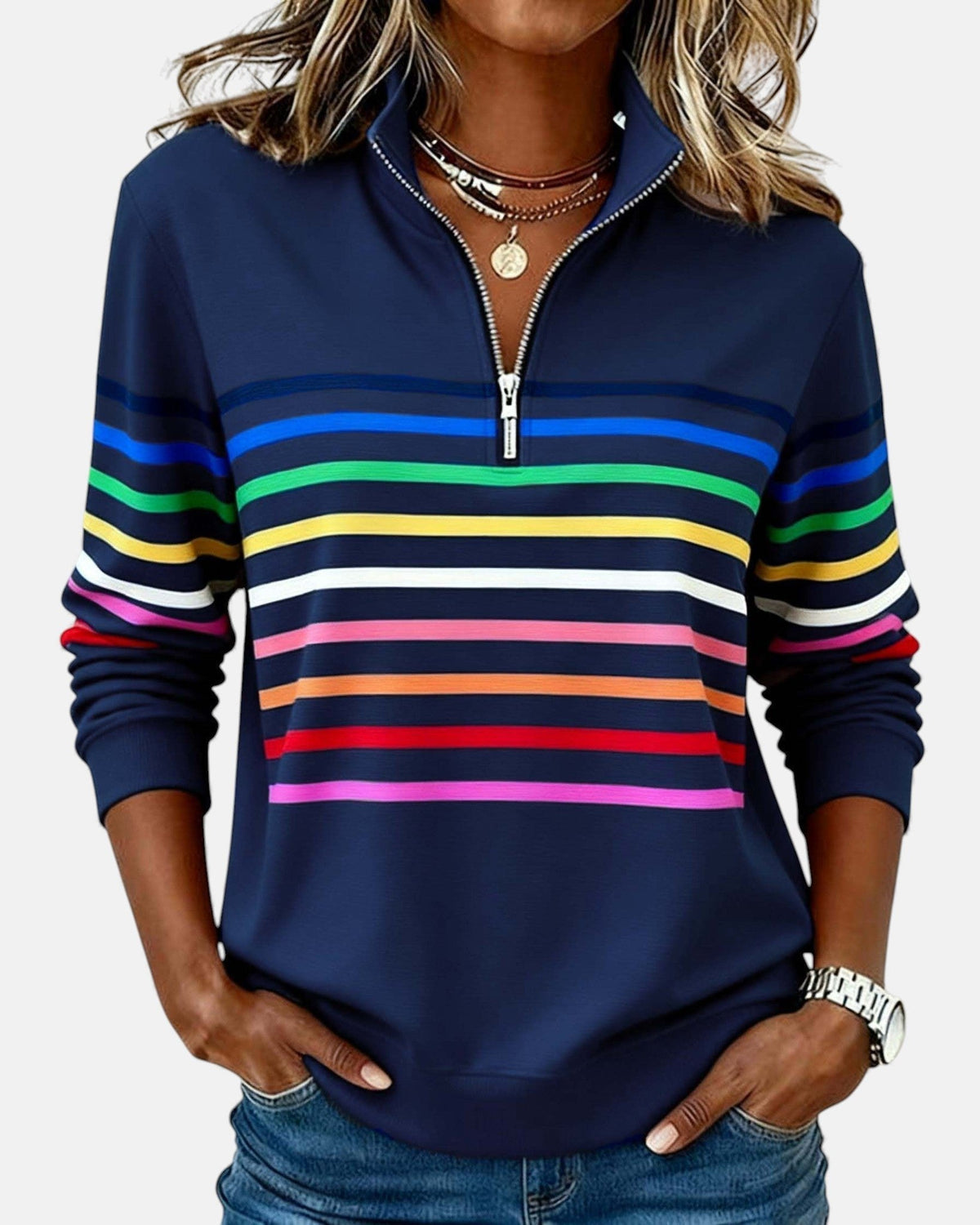 STRIPED QUARTER-ZIP SWEATSHIRT FOR WOMEN